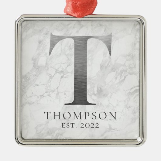 ブラッシュメタルシルバーモノグラムT大理石 メタルオーナメント (正面)