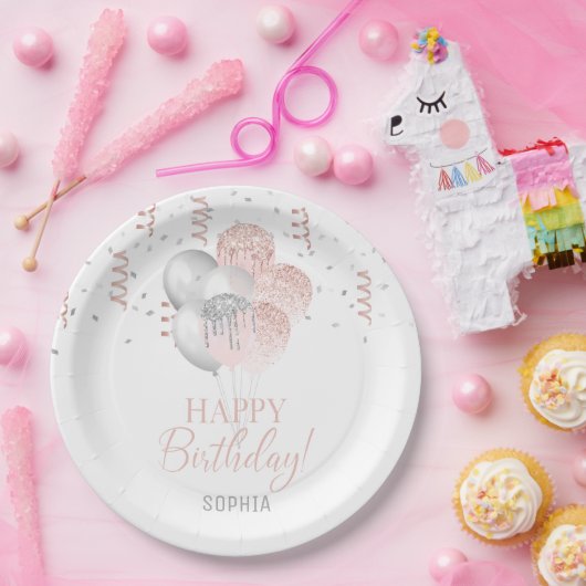 ブラッシュ＆シルバーバルーン 誕生日 ペーパープレート (パーティー)