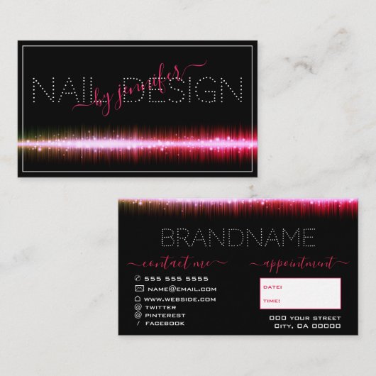 ブラッスタイリッシュクピンクカラー爪、 ネイルスタジオアポイントメント 名刺 (正面/裏面)