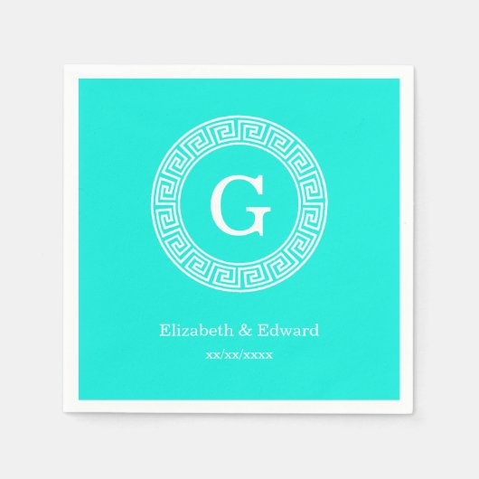 ブラットアクアウィットギリシャ鍵ランドフレームイニシャルモノグラム スタンダードカクテルナプキン (正面)
