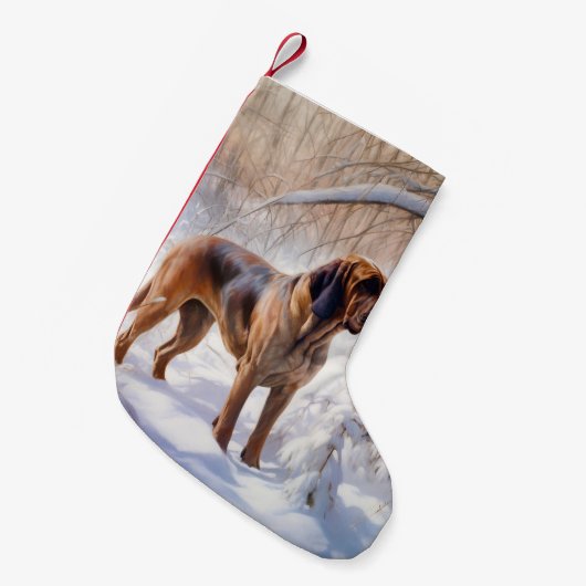 ブラッドハウンドが雪のクリスマスを過ごす スモールクリスマスストッキング (正面 (吊り時))