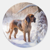 ブラッドハウンドが雪のクリスマスを過ごす ラウンドシール (正面)