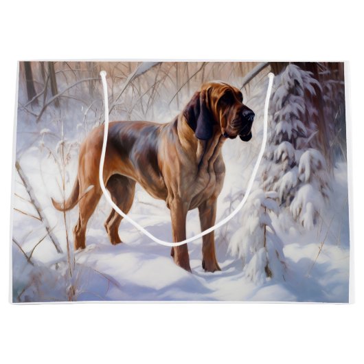 ブラッドハウンドが雪のクリスマスを過ごす ラージペーパーバッグ (正面)