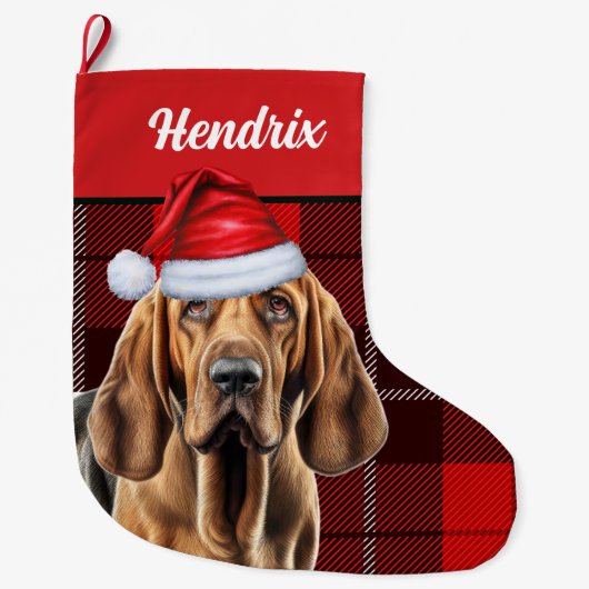 ブラッドハウンドとホリデープレイドとドッグス名 ラージクリスマスストッキング (正面)