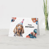ブラッドハウンドドッグバルーンとパーティーハット誕生日 カード (正面)