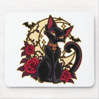 ブラッドムーンに佇む黒猫と三日月 マウスパッド