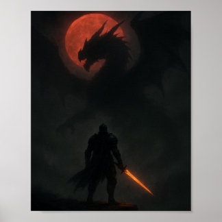 ブラッドムーンの下の騎士VSドラゴン ファンタジーポスト ポスター