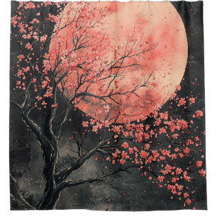 ブラッドムーン桜の水墨画 (2) シャワーカーテン