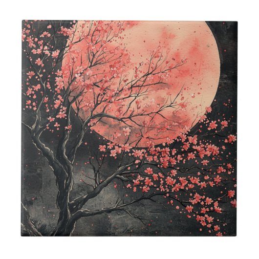 ブラッドムーン桜墨絵 (2) タイル (正面)