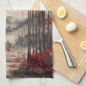 ブラッドムーン桜水墨画 (1) キッチンタオル (四つ折り)