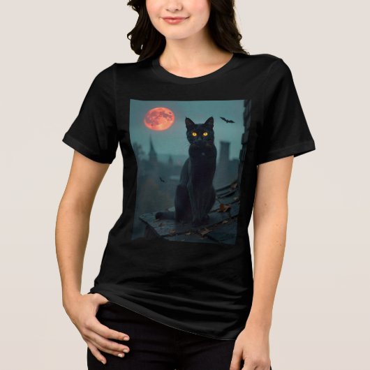 ブラッドムーン雨の下の黒猫 トライブレンドTシャツ (正面)