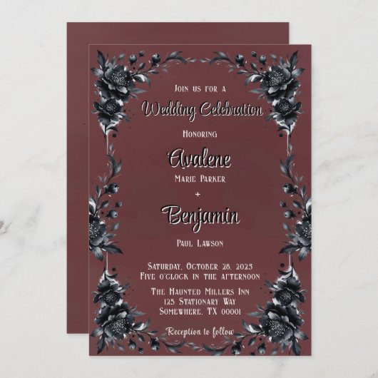 ブラッドレッドゴシック結婚ブラックフローラお祝い 招待状 (正面/裏面)