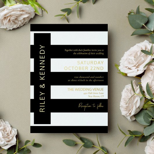 ブラッモダンクストライプタイポグラフィ結婚ズ 箔招待状