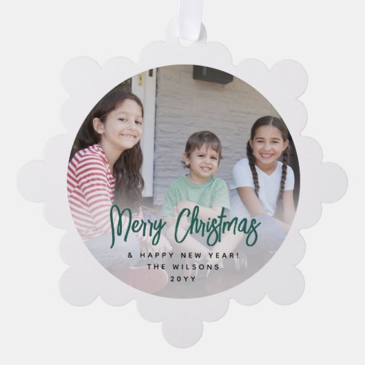 ブラッモダンシュ緑のスクリプトメリークリスマスフォト オーナメントカード (正面)