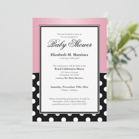 ブラッ王室のク水玉模様ピンクベビーシャワー招待状 招待状 (スタンド正面)