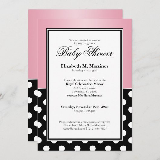 ブラッ王室のク水玉模様ピンクベビーシャワー招待状 招待状 (正面/裏面)