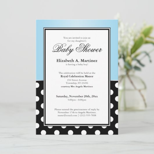 ブラッ王室のク水玉模様ブルーベビーシャワー招待状 招待状 (スタンド正面)