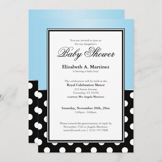 ブラッ王室のク水玉模様ブルーベビーシャワー招待状 招待状 (正面/裏面)