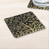 ブラパーソナライズされたック金ゴールドファミリのツリーイヤーエスト スクエアペーパーコースター (アングル)