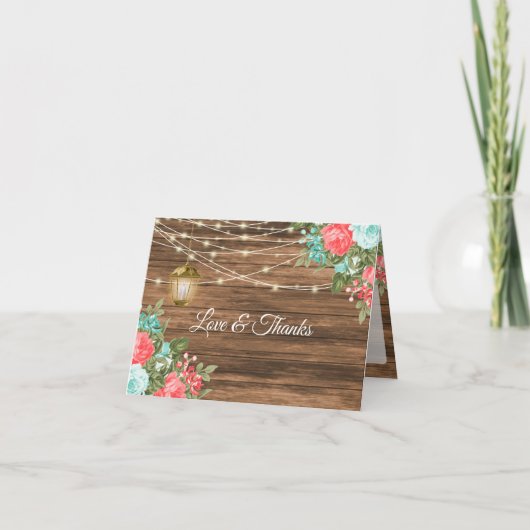 ブランク - ウッド、ランタン、ティール、コーラル フローラル サンキューカード (正面)