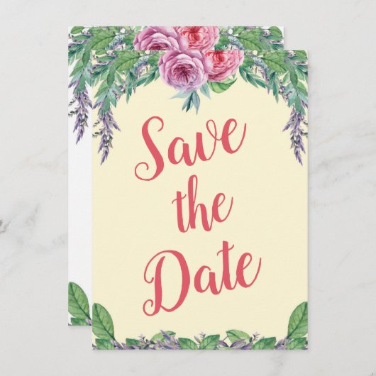 ブランク パープル フローラル 水彩画 Save the Date 代替 招待状 (正面/裏面)