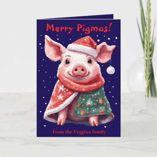 ブランケットとサンタ帽子の豚 かわいい動物のクリスマス カード (正面)