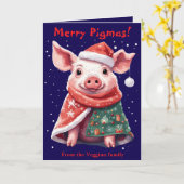 ブランケットとサンタ帽子の豚 かわいい動物のクリスマス カード (黄色い花)