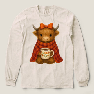 ブランケットにくるまったハイランド・カウのコーヒータイム – あったかファル トライブレンドＴシャツ