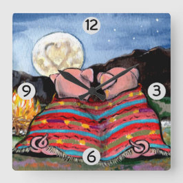 ブランケットに入った豚のロマンチックな夜の月星アート スクエア壁時計