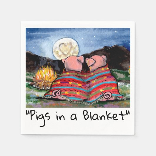 ブランケットに入った豚のロマンチックな夜の月星アート スタンダードカクテルナプキン (正面)