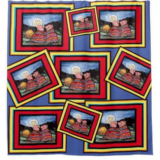 ブランケットに入った豚ロマンチックな愛の月のユーモア明るい シャワーカーテン (正面)