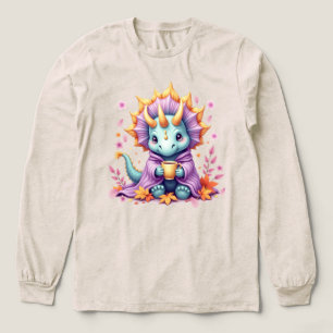 ブランケットに包まれたトリケラトプスがコーヒーを飲む トライブレンドTシャツ