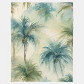 ブランケットブルーティール(緑がかった色)ベージュウォーターカラーパームツリーズ フリースブランケット (正面)