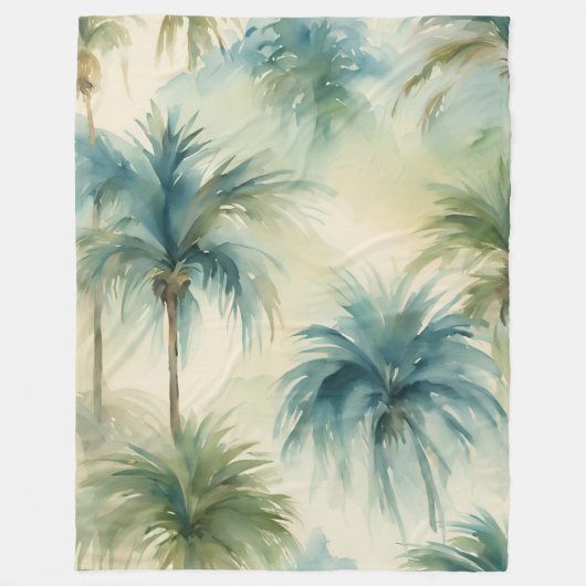 ブランケットブルーティール(緑がかった色)ベージュウォーターカラーパームツリーズ フリースブランケット (正面)