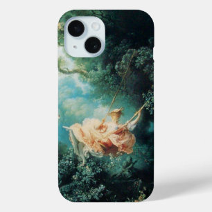ブランコに乗った若い女性が自然・グリーン・ピンク iPhone 15ケース