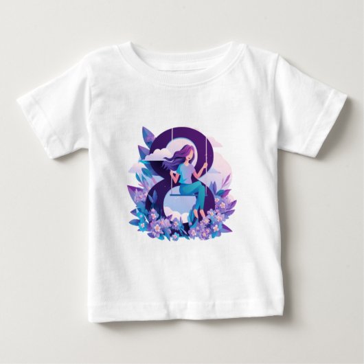 ブランコに乗る夢見る少女 - 幻想的な子供デザイン  ベビーTシャツ (正面)
