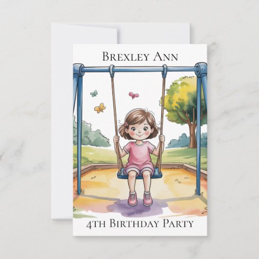 ブランコに乗る少女の4歳誕生日パーティー サンキューカード (正面)