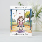 ブランコに乗る少女の4歳誕生日パーティー サンキューカード (スタンド正面)