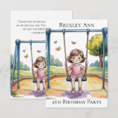 ブランコに乗る少女の4歳誕生日パーティー サンキューカード (正面/裏面)