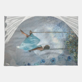 ブランコに青いドレスを着た女性 キッチンタオル