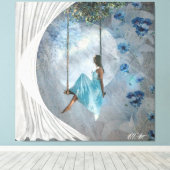 ブランコに青いドレスを着た女性 キャンバスプリント (インサイチュ (ウッドフロア))