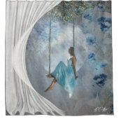 ブランコに青いドレスを着た女性 シャワーカーテン (正面)