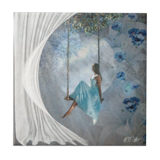 ブランコに青いドレスを着た女性 タイル (正面)
