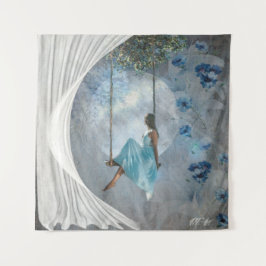 ブランコに青いドレスを着た女性 タペストリー