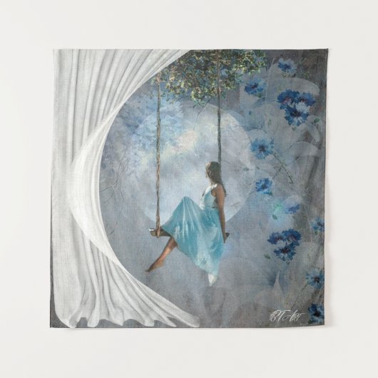 ブランコに青いドレスを着た女性 タペストリー (正面)