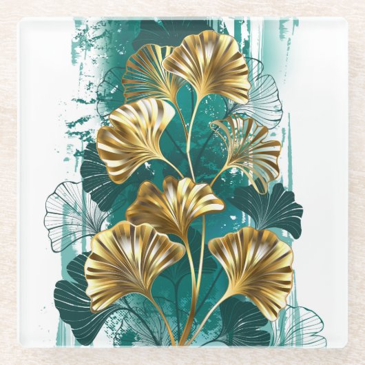 ブランチとゴールデン葉ズGinko Biloba ガラスコースター (正面)