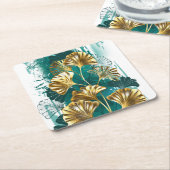 ブランチとゴールデン葉ズGinko Biloba スクエアペーパーコースター (アングル)