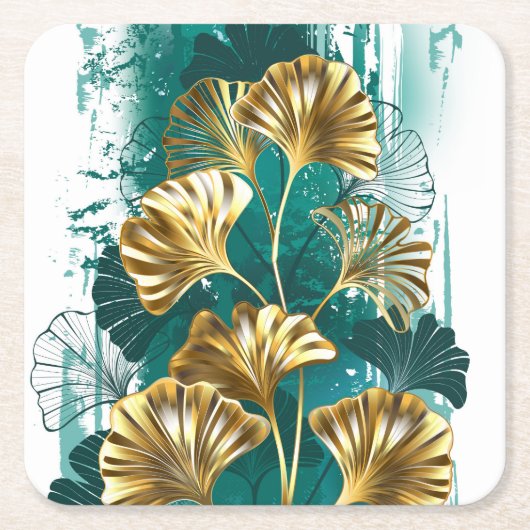 ブランチとゴールデン葉ズGinko Biloba スクエアペーパーコースター (正面)
