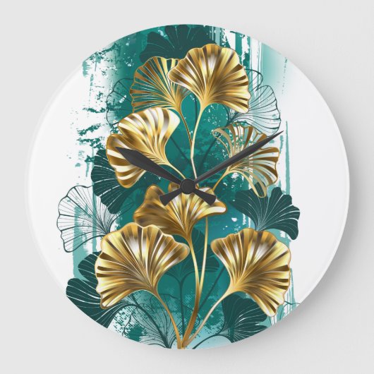 ブランチとゴールデン葉ズGinko Biloba ラージ壁時計 (正面)