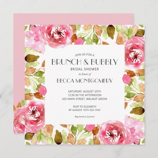 ブランチとバブリー水カラーブライダルシャワー招待状 (正面/裏面)